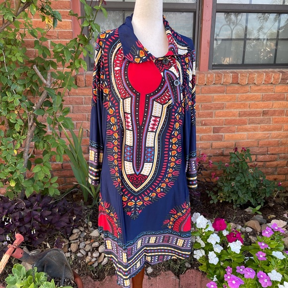 R & B Collections • Boho • Red/Blue • Geometric Design • Dress • Size X-Large - Picture 1 of 12